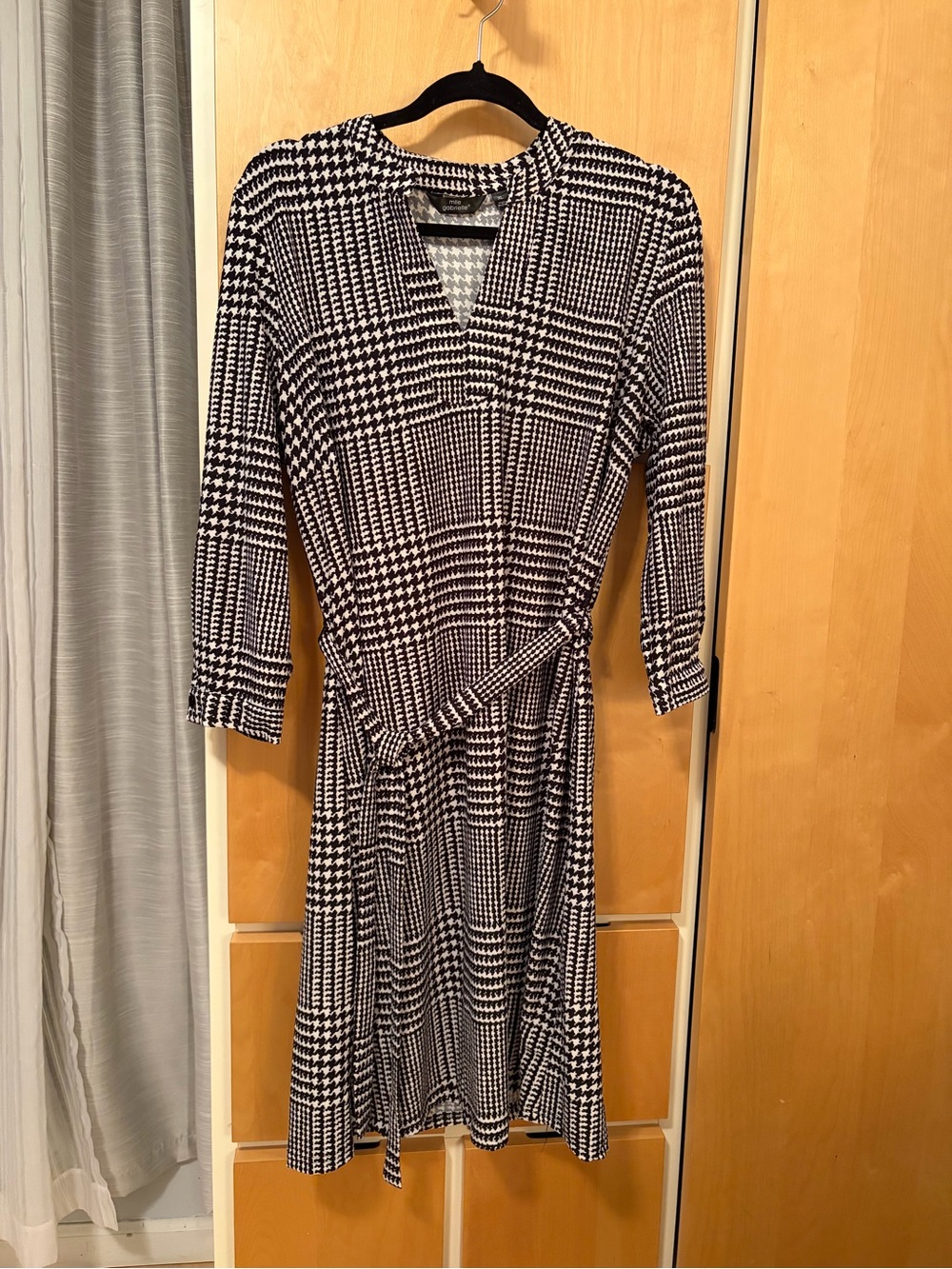Mlle Gabrielle Black and White Plaid Houndstooth Long Sleeve Dress